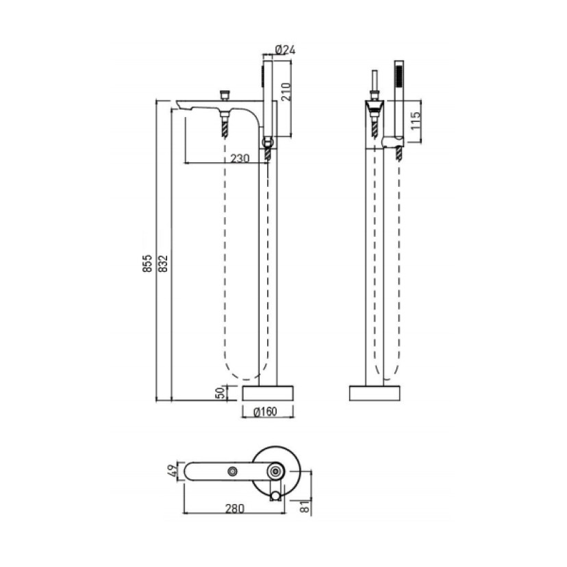 Monocomando de piso para banheira com ducha manual Moove Chrome Doka