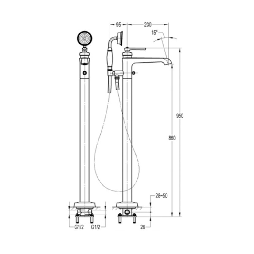 Monocomando de piso para banheira com ducha manual Ever Chrome Doka