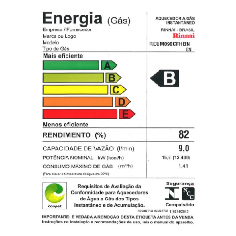 Aquecedor M09 a Gás Rinnai 9 Litros REUE-M090CFHB GLP 