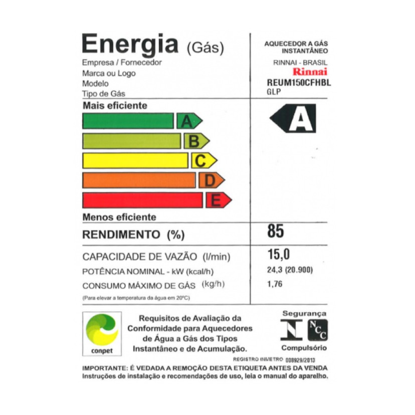 Aquecedor M15 a Gás Rinnai 15 Litros REUE-M150CFHB GLP 