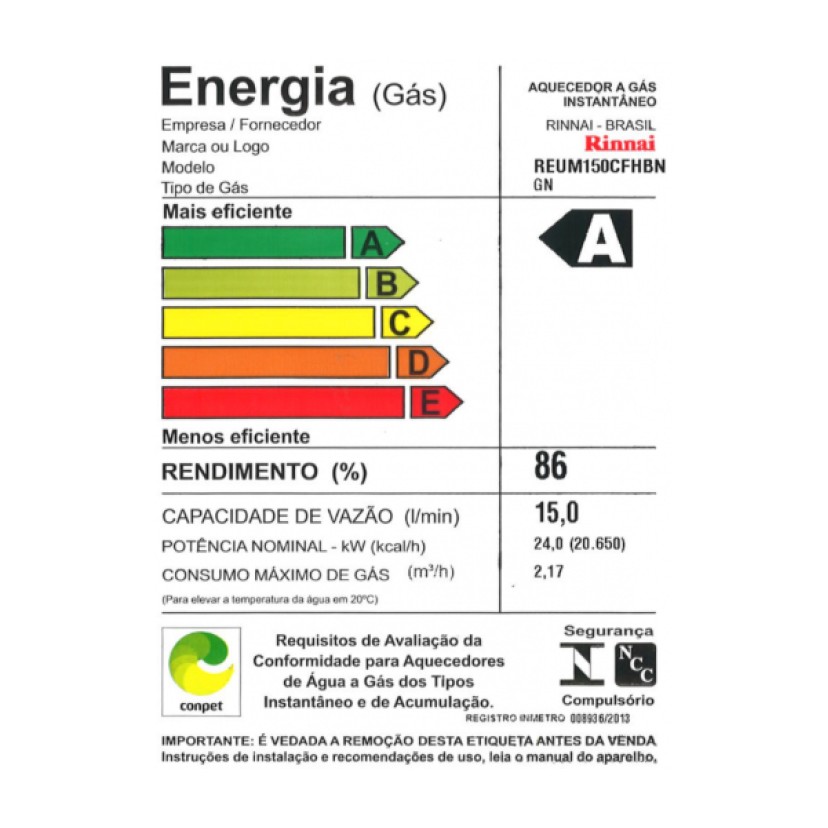 Aquecedor M15 a Gás Rinnai 15 Litros REUE-M150CFHB GLP 