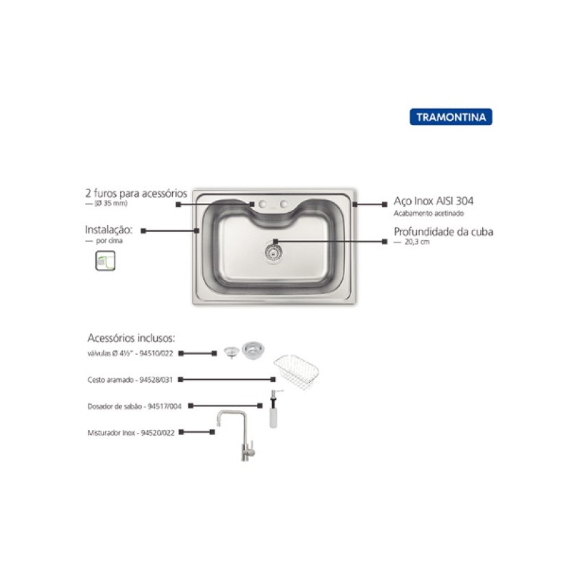 Cuba Inox Cozinha Morgana 60 FX 680x480 com Acessórios e Misturador Tramontina 93806/162