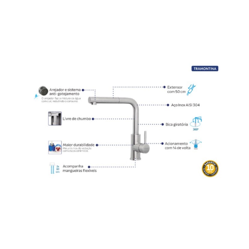 Misturador Monocomando Tramontina Monde Plus Aco Inox Extensor 94520/028