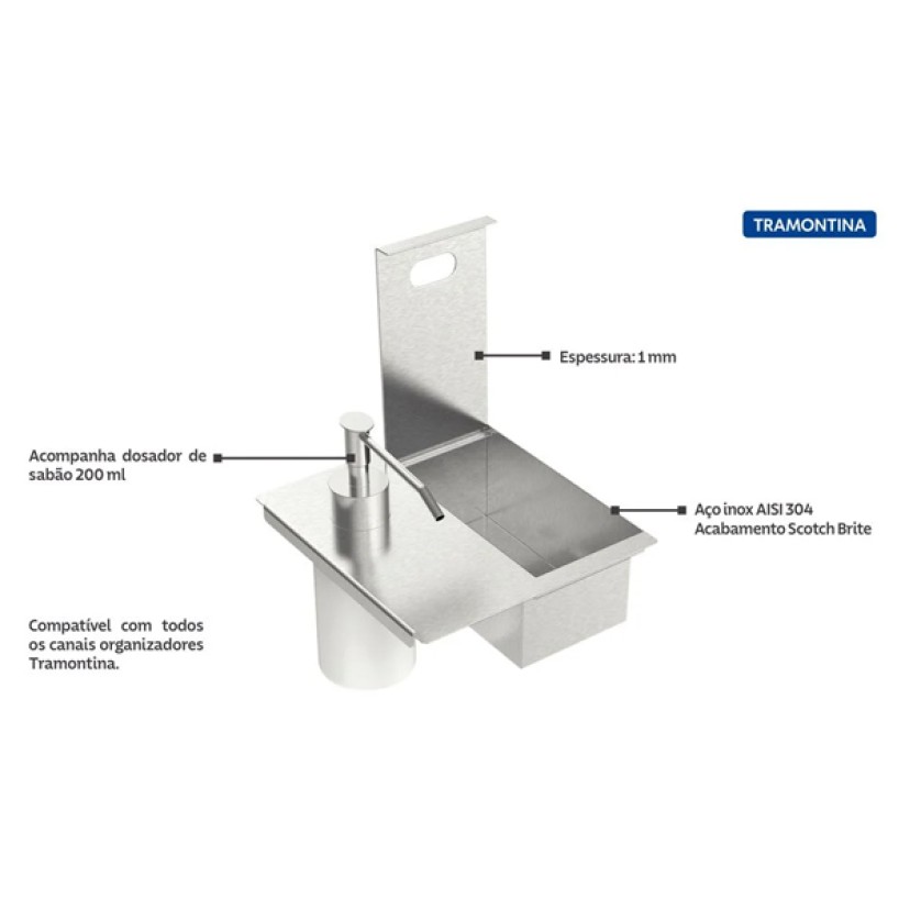 Porta Esponja com Tampa e Dosador de Sabão Líquido em Aço Inox para uso em canal organizador Tramontina 94534/016