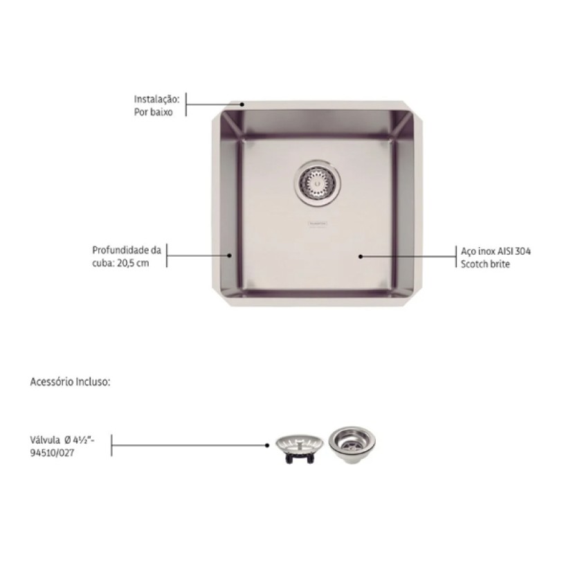 Cuba Quadrum Undermount 40U Aço Inox Scotch Brite 40x40cm Tramontina 94005112