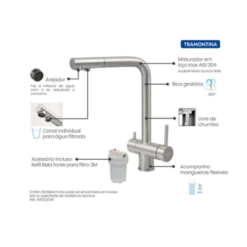 Misturador Monocomando Tramontina Monde Filter Plus Aço Inox 94520/025